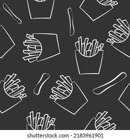 French fries fast food vector seamless pattern template. Unhealthy junk food wallpaper. Cartoon flat outline illustration. Hand drawn icon on chalkboard.