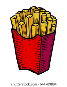 French fries Fast food vector. Fast food vector. Isolated on white background. Junk street food. Engraved hand drawn illustration in retro vintage style.