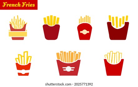French fries flat colorful vector icon set. Set of 7 icons