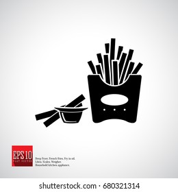 French fries flat icon, fried potato straw in cardboard packaging with sauce. Vector.