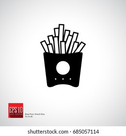 French fries flat icon, fried potato straw in cardboard packaging with sauce. Vector.