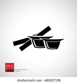 French fries flat icon, fried potato straw in cardboard packaging with sauce. Vector.