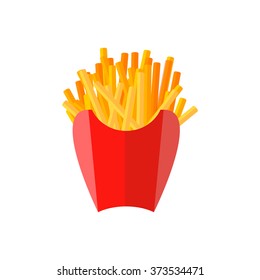 French fries flat icon. French fries in a red carton box. Junk food  in paper isolated on white background. Vector illustration of street food.