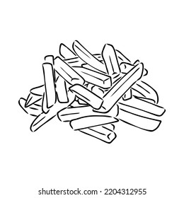 French fries flying to paper box. Sketch style hand drawn illustration. Fried potato. Fast food retro artwork. Vector image Isolated on white.