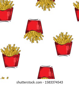 French fries food , fashion vector seamless pattern on white background . Concept for print, web design, card, menu , wallpapers