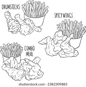 french fries and fried chicken doodle. black line vector set