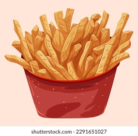 French Fries fried potato fast food in Red Carton box packaging