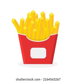 French fries. Fried fries. Fried potato in red box. Flat icon for food, fastfood and snack. Red pack with fry salty potato. Cartoon illustration. Vector.