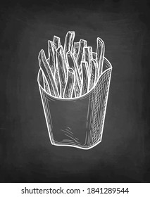 French fries. Fried potatoes. Chalk sketch on blackboard background. Hand drawn vector illustration. Retro style.