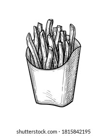 French fries. Fried potatoes. Ink sketch isolated on white background. Hand drawn vector illustration. Retro style.