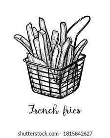 French fries. Fried potatoes. Ink sketch isolated on white background. Hand drawn vector illustration. Retro style.