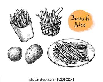 French fries. Fried potatoes. Ink sketch isolated on white background. Hand drawn vector illustration. Retro style.