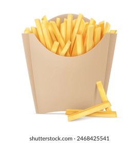 French fries. Fried french potatoes kraft paper box. Snack fast food takeaway. Popular roasted potato chips sticks snack cardboard packing, isolated white background. Realistic. Vector illustration.