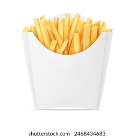 French fries. Fried french potatoes paper box. Snack fast food takeaway. Roasted potato chips sticks snack cardboard packing, mockup isolated on white background. Realistic. Vector illustration.