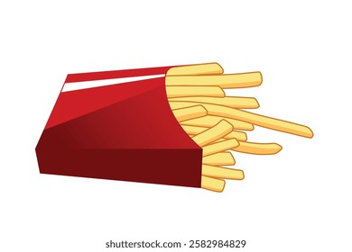 French fries or fried potatoes in a red carton box isolated on white background.