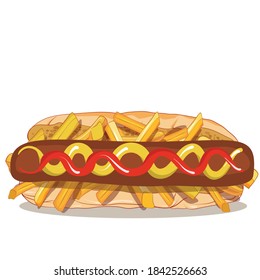 French fries and fried sausage with mustard sauce. isolated vector background