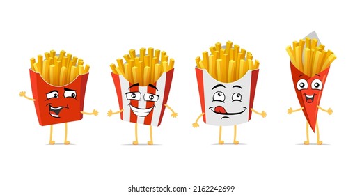 French fries funny smiling cartoon character set  Roasted potatoes cute happy face expression mascot collection  Different fast food packages joyful comic emoticons vector eps illustration