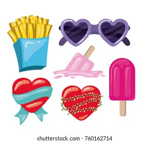 french fries and glasses and hearts and popsicles in white background