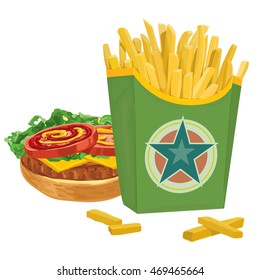 French fries in a green box and hamburger