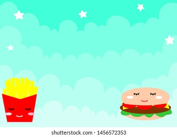 French fries and hamburger icon with blue green background. Food and dessert concept. Background and texture. Vector.