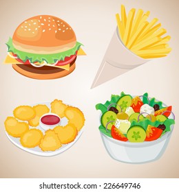 French Fries, Hamburger, Naggets, Vegetable Salad. Vector Illustration EPS10.