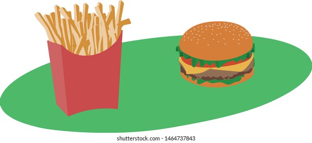 french fries and hamburger on green oval background