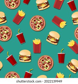 French fries, hamburger, pizza and cola seamless pattern. Fast food, restaurant concepts. Green background.