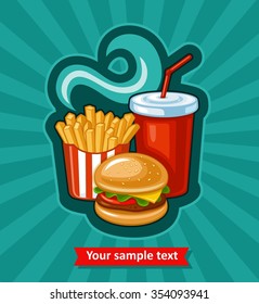 French fries, hamburger and soda takeaway vector background. Fast food flat design