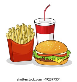 French fries, hamburger and soda takeaway vector illustration.fast food menu 