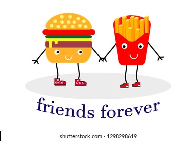 french fries and hamburger.vector illustration with text  friends forever for t-shirt print, greeting card design and other uses