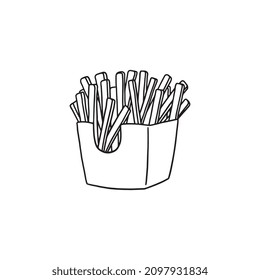 French fries in hand drawn doodle with outlines, vector illustration isolated on white background. Fast food icon, fried potato in paper bag.