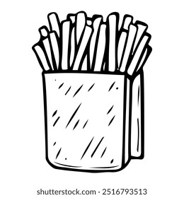 French fries hand drawn doodle. Deep fried potato pieces in a paper bag. Snack fast food to go. Order in cafe. Time to eat. Vector sketch line art illustration.