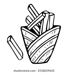 French fries hand drawn doodle. Deep fried potato pieces in a paper bag. Snack fast food to go. Order in cafe. Time to eat. Vector sketch line art illustration.