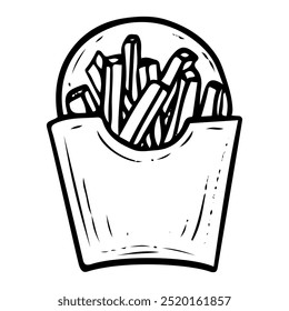 French fries hand drawn doodle. Deep fried potato pieces in basket. Snack fast food to go. Order in cafe. Time to eat. Vector sketch line art illustration.