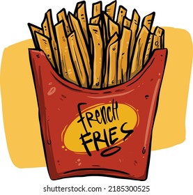 French fries hand drawn vector illustration and lettering. Fast food cartoon style. Isolated on white background. Design for banner, poster, card, print, menu.