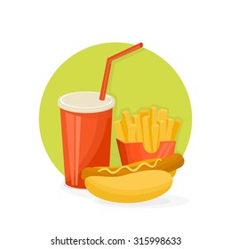 French fries, hot dog and cola. Fast food vector
