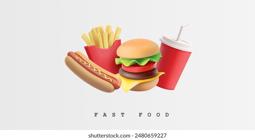 French fries, hot dog, soda, burger, cheeseburger, 3D. Modern banner for advertising concepts of tasty fast food in restaurants and cafes. Vector