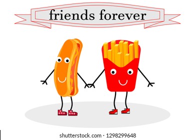 french fries and hot dog.illustration with text  friends forever for t-shirt print, greeting card design and other uses
