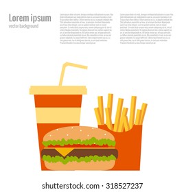 French fries, humburger and soda takeaway vector background. Fast food flat design