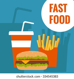 French fries, humburger and soda takeaway vector background. Fast food flat design