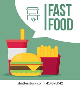 French fries, humburger and soda takeaway vector background. Fast food flat design