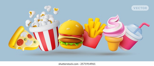 French fries, ice cream, burger, pizza, pop corn and cola. Vector illustration of realistic set of fast food icon. 3d style design of fast food with fries, ice cream, pop corn, pizza, hamburger, soda