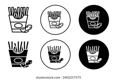 French fries icon. american unhealthy fatty saturated fat rich potato french fries deep fried wrap in paper cup basket symbol. potato strip junk food bag vector set