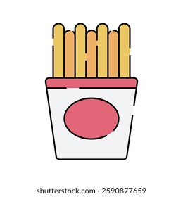 French Fries Icon Flat design, crispy fries in a carton, suitable for fast food branding and snack promotions.