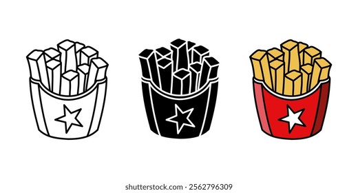 French fries icon. Fried potatoes symbol. French fries sticks vector illustration. Fast food eatery logo. Junk snack pictogram. American fries package sign. Delicious potato chips colorful concept.