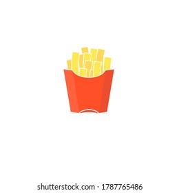 French fries icon in a red box with white contour isolated on white background. Cartoon illustration. Funny and cute frites symbol, logotype, icon. Frites with shadow. Junk food logo. Simple and flat.