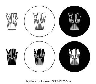 French fries icon set. Fry potato snack vector symbol in black filled and outlined style for ui designs.