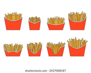 French fries icon set isolated on white background. Fast food, deep fried potatoes. Packaged fries, a delicious snack. Design for banners, posters and promotional products. Vector illustration