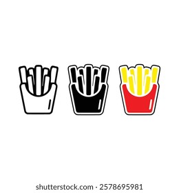 French Fries Icon Set, Line, Black and White, and Color Vector Illustration