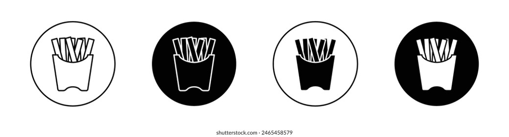 French fries icon set. potato fries bag vector symbol. fried chips cone snack icon in black filled and outlined style.